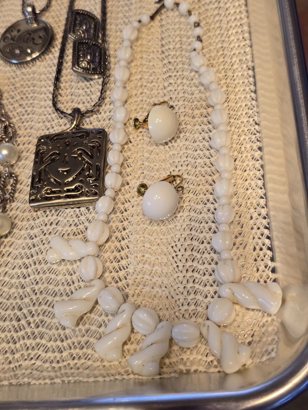 Art Deco Vintage White Milkglass Necklace and Napier Clip-On Earring Set